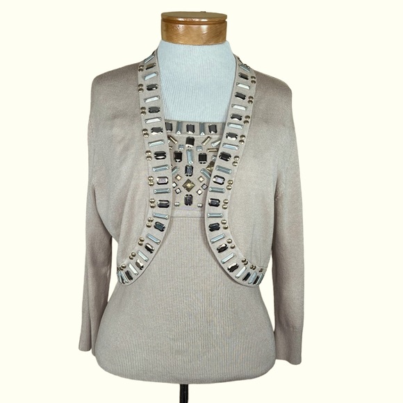 Cache Twin Set Tan Knit Bolero Shrug & Matching Tube Top With Rhinestone… - Picture 16 of 16